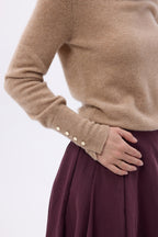 Pull Col Rond Boutons Dorés Manches Ballon Od - Beige Creme - Femme