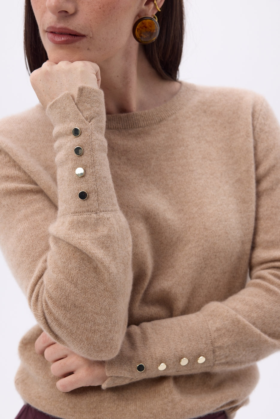 Pull Col Rond Boutons Dorés Manches Ballon Od - Beige Creme - Femme