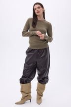 Pull Col Rond Boutons Dorés Manches Ballon Od - Khaki Chine - Femme