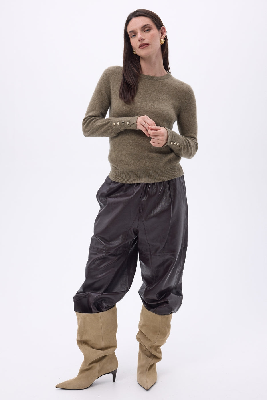 Pull Col Rond Boutons Dorés Manches Ballon Od - Khaki Chine - Femme