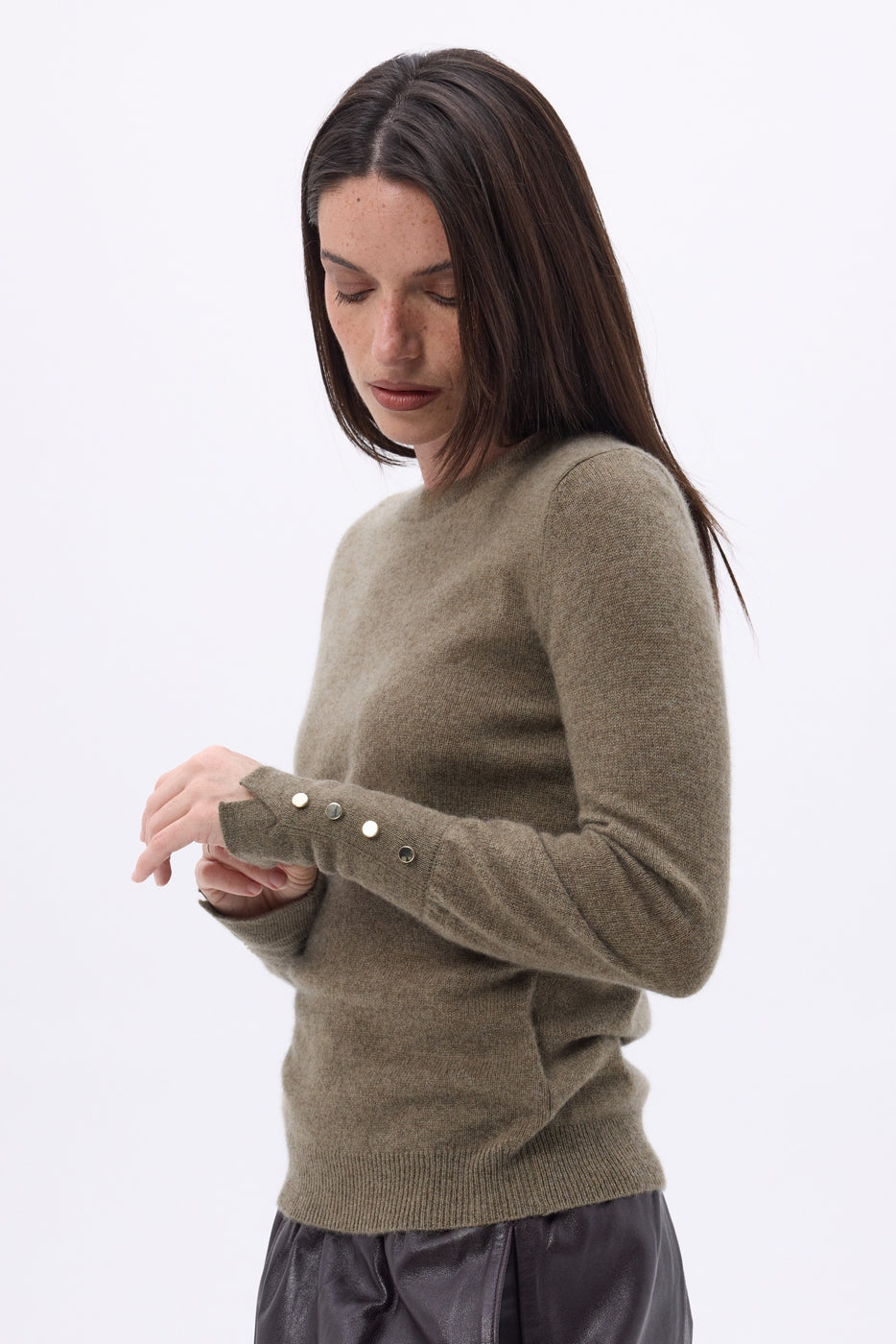 Pull Col Rond Boutons Dorés Manches Ballon Od - Khaki Chine - Femme