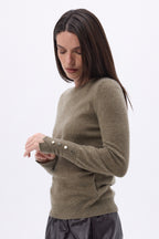 Pull Col Rond Boutons Dorés Manches Ballon Od - Khaki Chine - Femme
