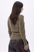Pull Col Rond Boutons Dorés Manches Ballon Od - Khaki Chine - Femme