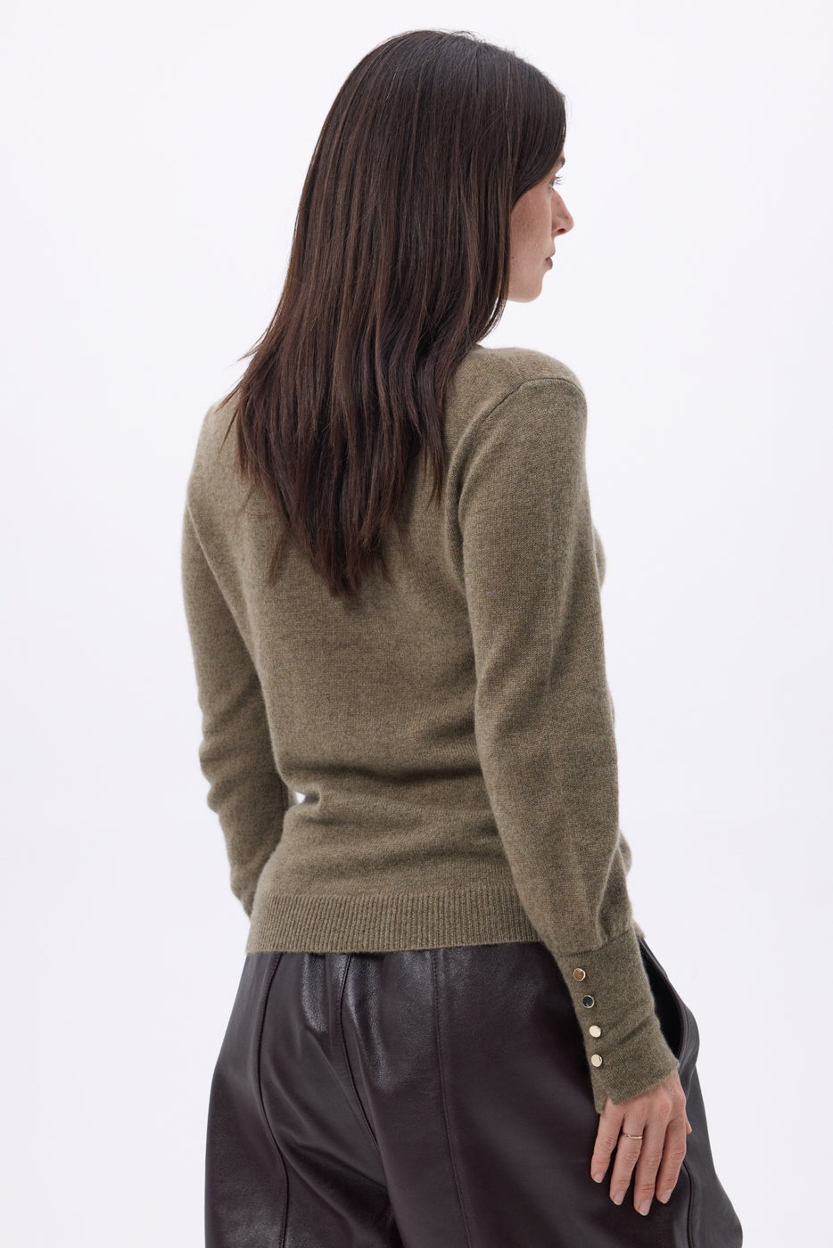 Pull Col Rond Boutons Dorés Manches Ballon Od - Khaki Chine - Femme