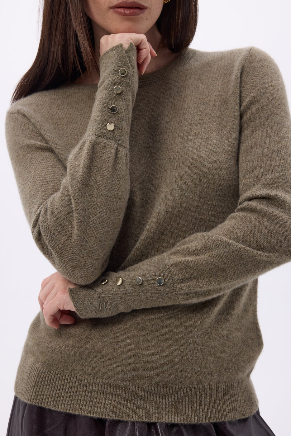 Pull Col Rond Boutons Dorés Manches Ballon Od - Khaki Chine - Femme