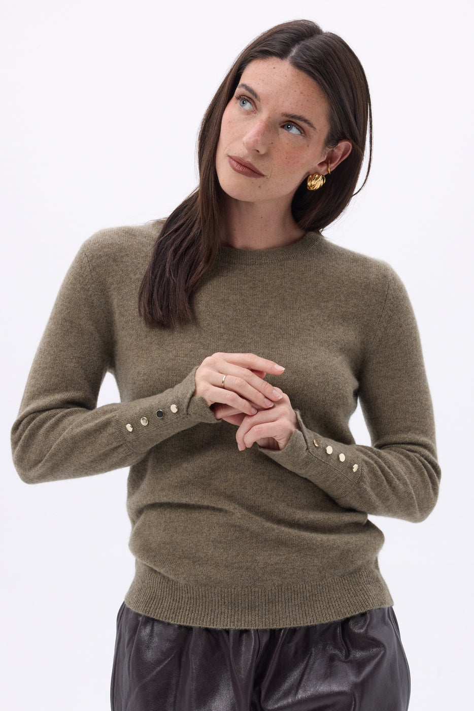 Pull Col Rond Boutons Dorés Manches Ballon Od - Khaki Chine - Femme
