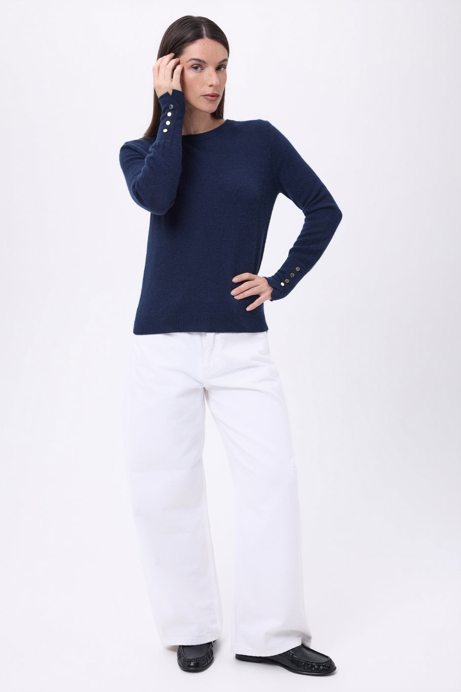 Pull Col Rond Boutons Dorés Manches Ballon Od - Bleu Marine - Femme