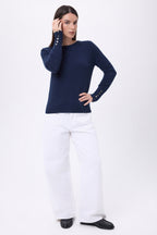 Pull Col Rond Boutons Dorés Manches Ballon Od - Bleu Marine - Femme
