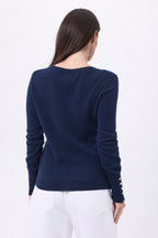 Pull Col Rond Boutons Dorés Manches Ballon Od - Bleu Marine - Femme