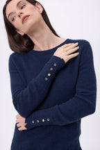 Pull Col Rond Boutons Dorés Manches Ballon Od - Bleu Marine - Femme