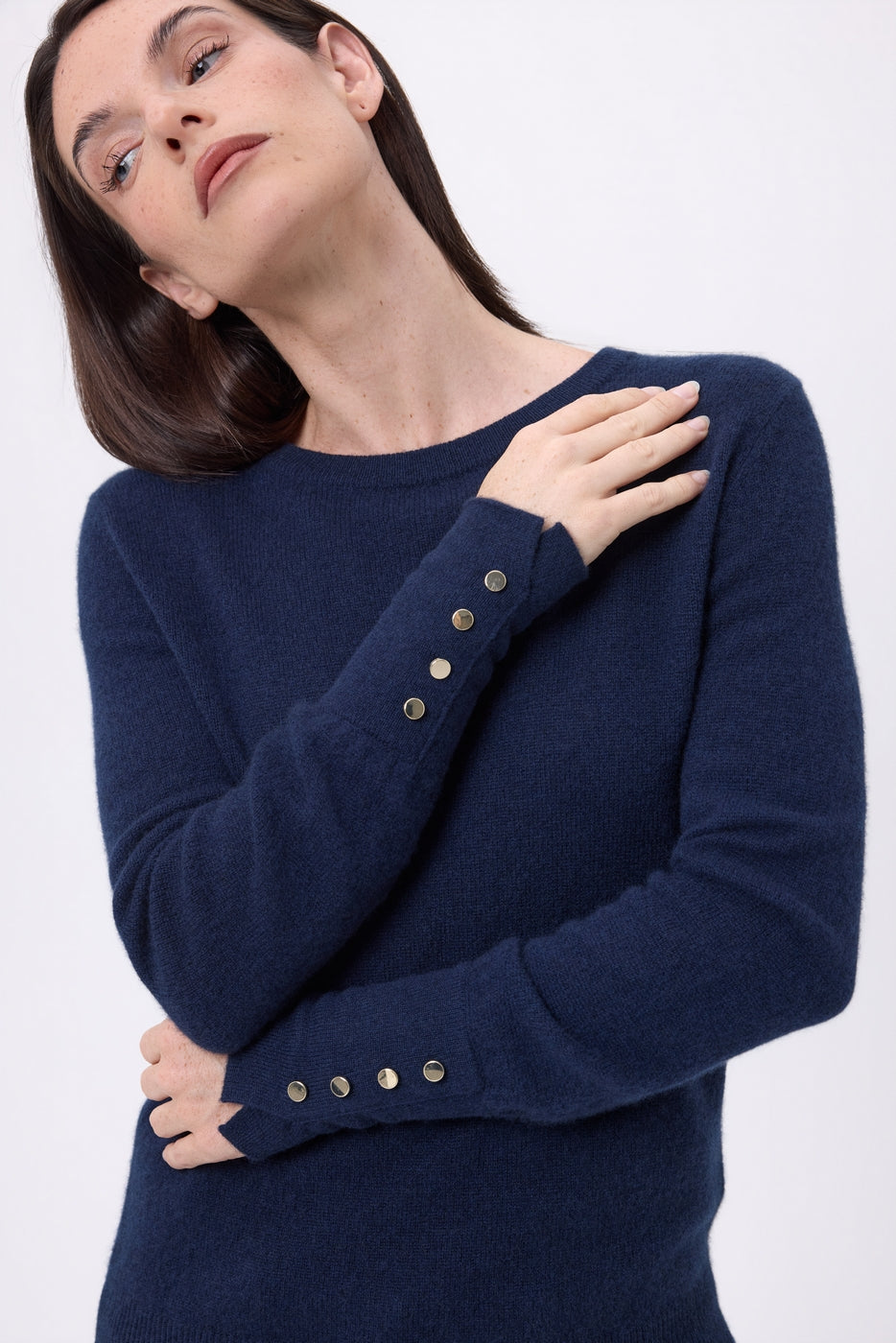 Pull Col Rond Boutons Dorés Manches Ballon Od - Bleu Marine - Femme