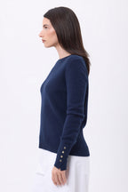 Pull Col Rond Boutons Dorés Manches Ballon Od - Bleu Marine - Femme