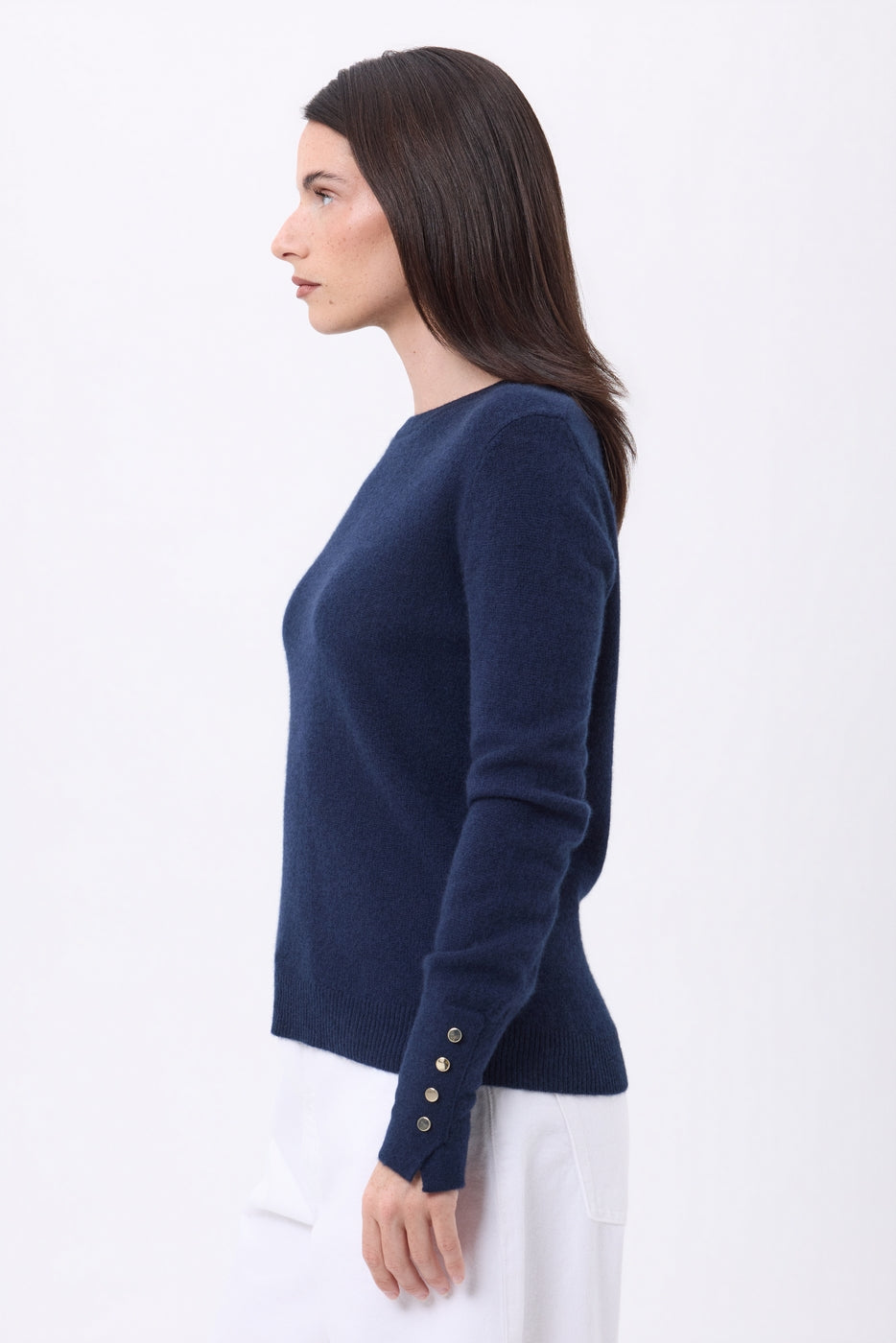 Pull Col Rond Boutons Dorés Manches Ballon Od - Bleu Marine - Femme
