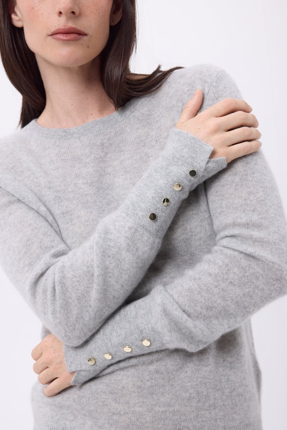 Pull Col Rond Boutons Dorés Manches Ballon Od - Gris Clair - Femme