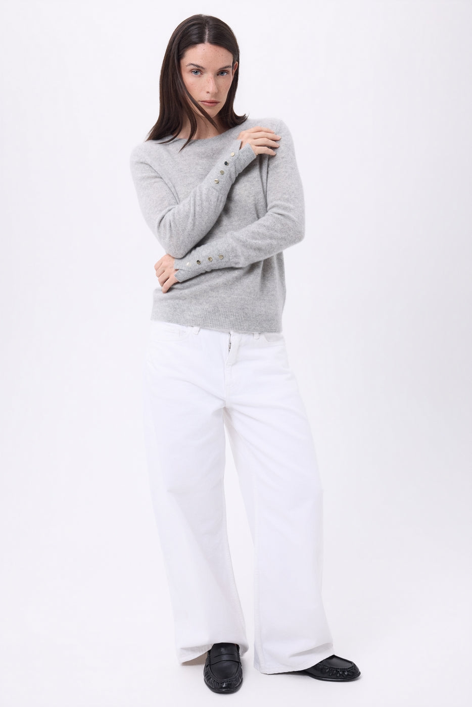 Pull Col Rond Boutons Dorés Manches Ballon Od - Gris Clair - Femme
