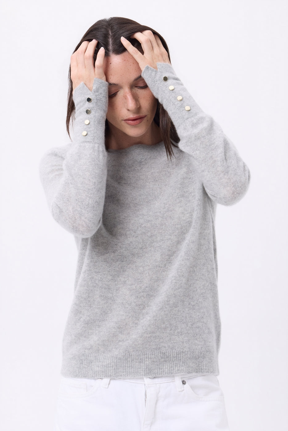 Pull Col Rond Boutons Dorés Manches Ballon Od - Gris Clair - Femme