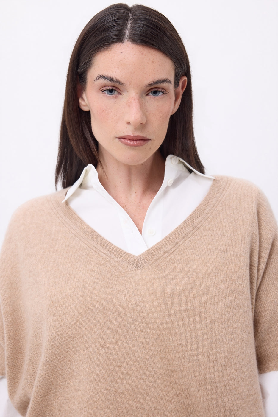Pull Oversize Col V Sans Manche Ona - Beige Creme - Femme