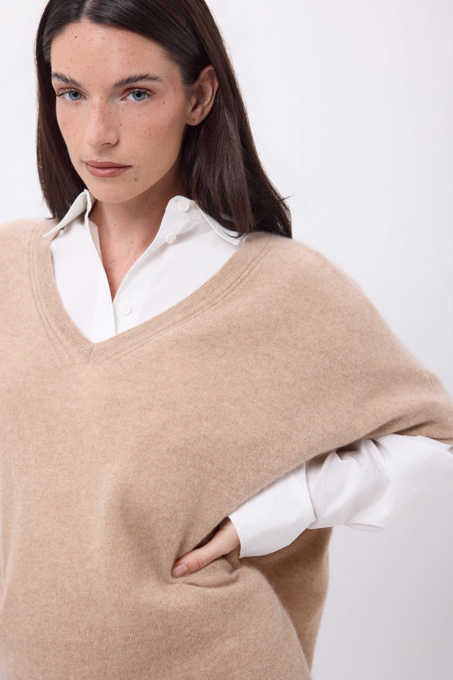 Pull Oversize Col V Sans Manche Ona - Beige Creme - Femme