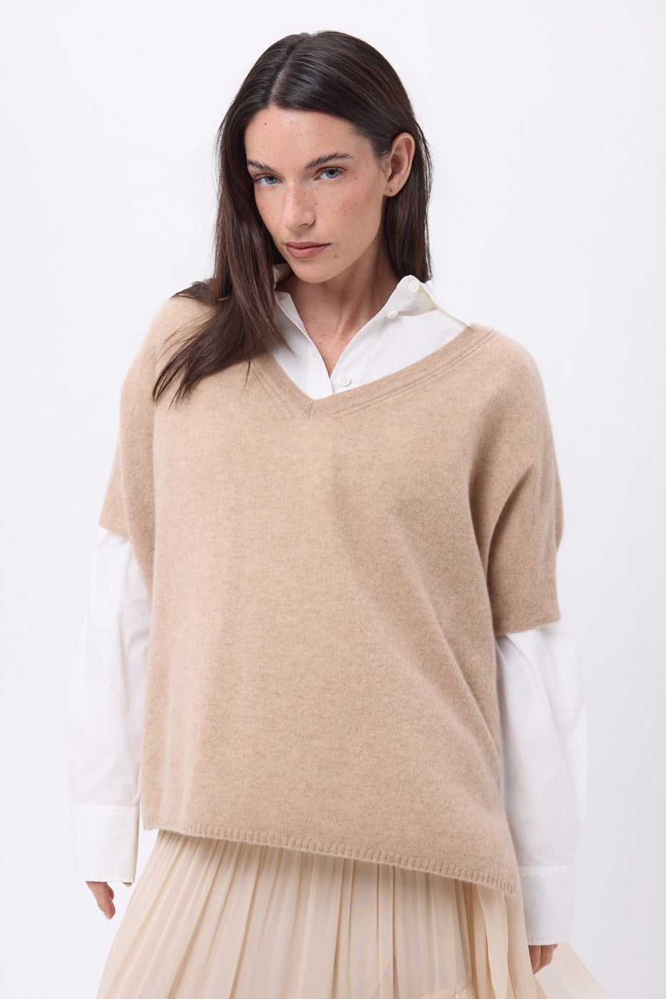 Pull Oversize Col V Sans Manche Ona - Beige Creme - Femme