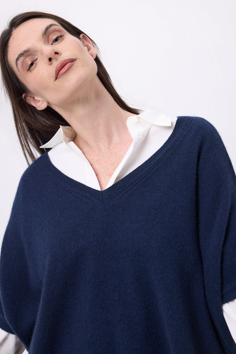 Pull Oversize Col V Sans Manche Ona - Bleu Marine - Femme