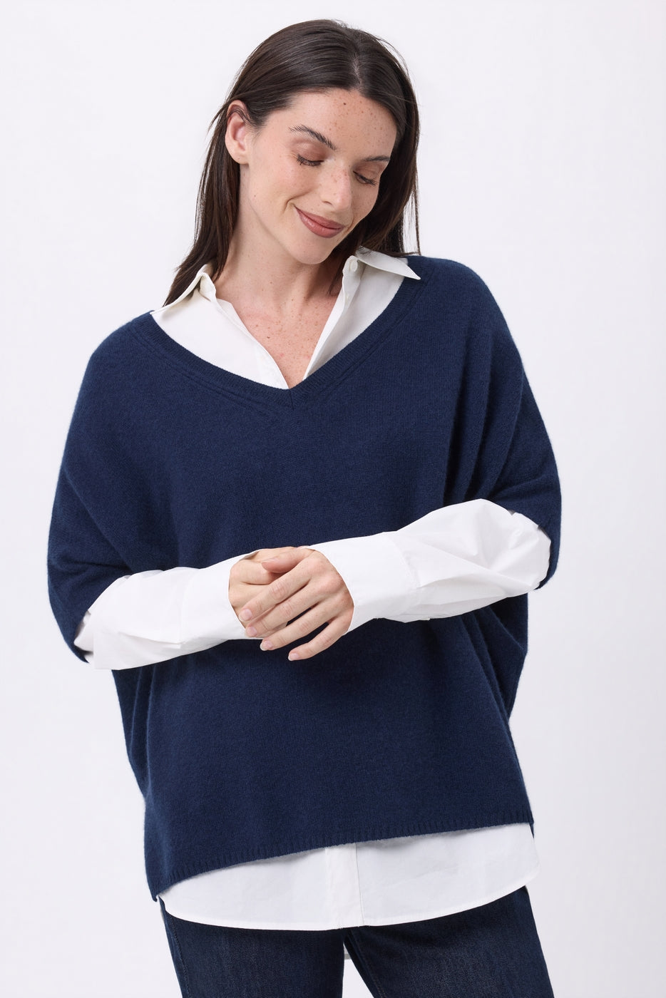 Pull Oversize Col V Sans Manche Ona - Bleu Marine - Femme
