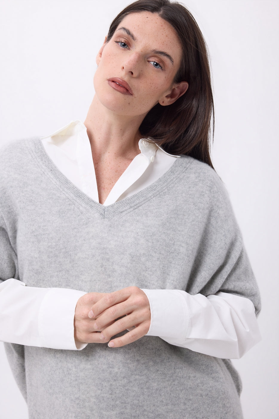 Pull Oversize Col V Sans Manche Ona - Gris Clair - Femme