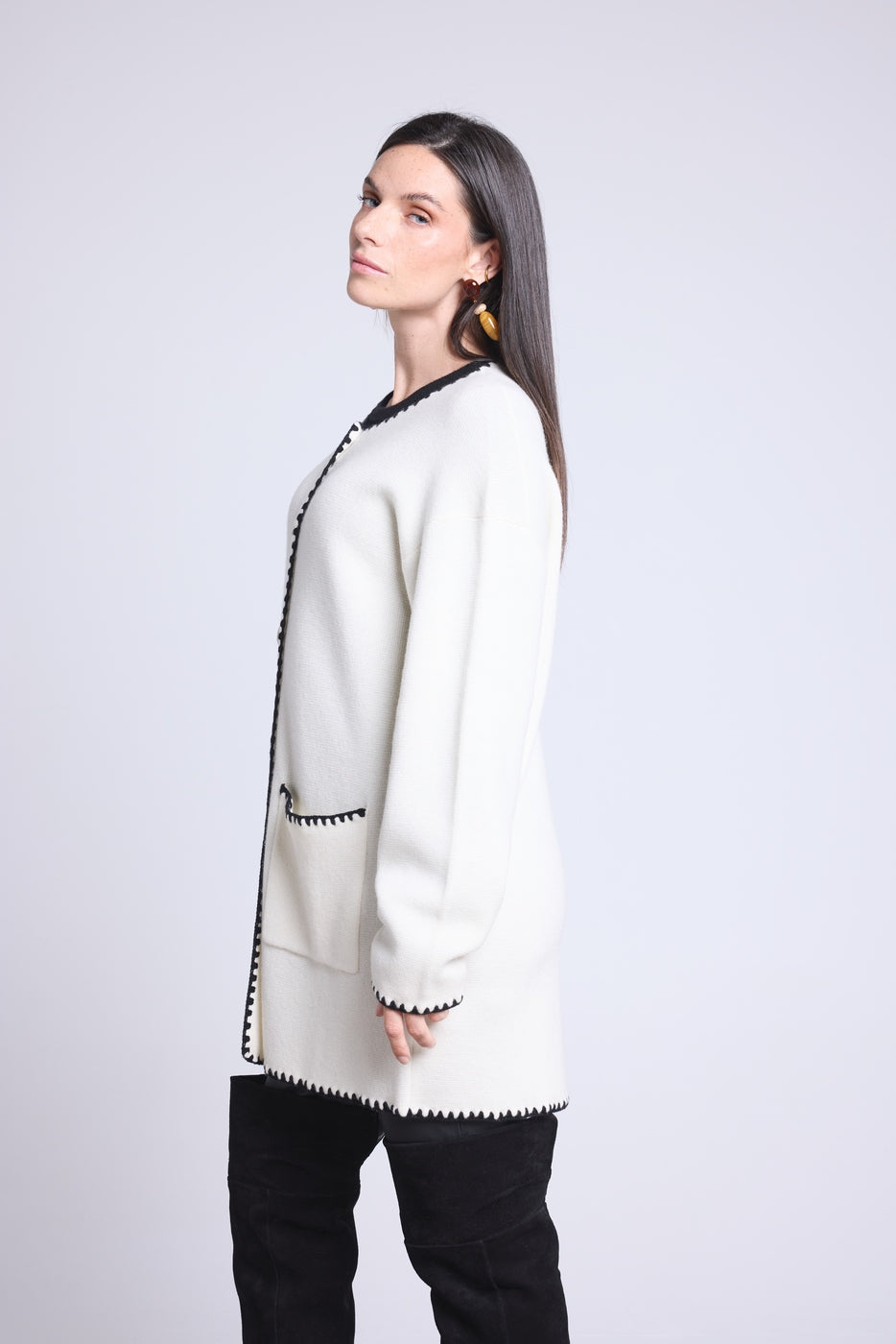 Chaqueta recta bordada Onice - Blanco negro - Mujer