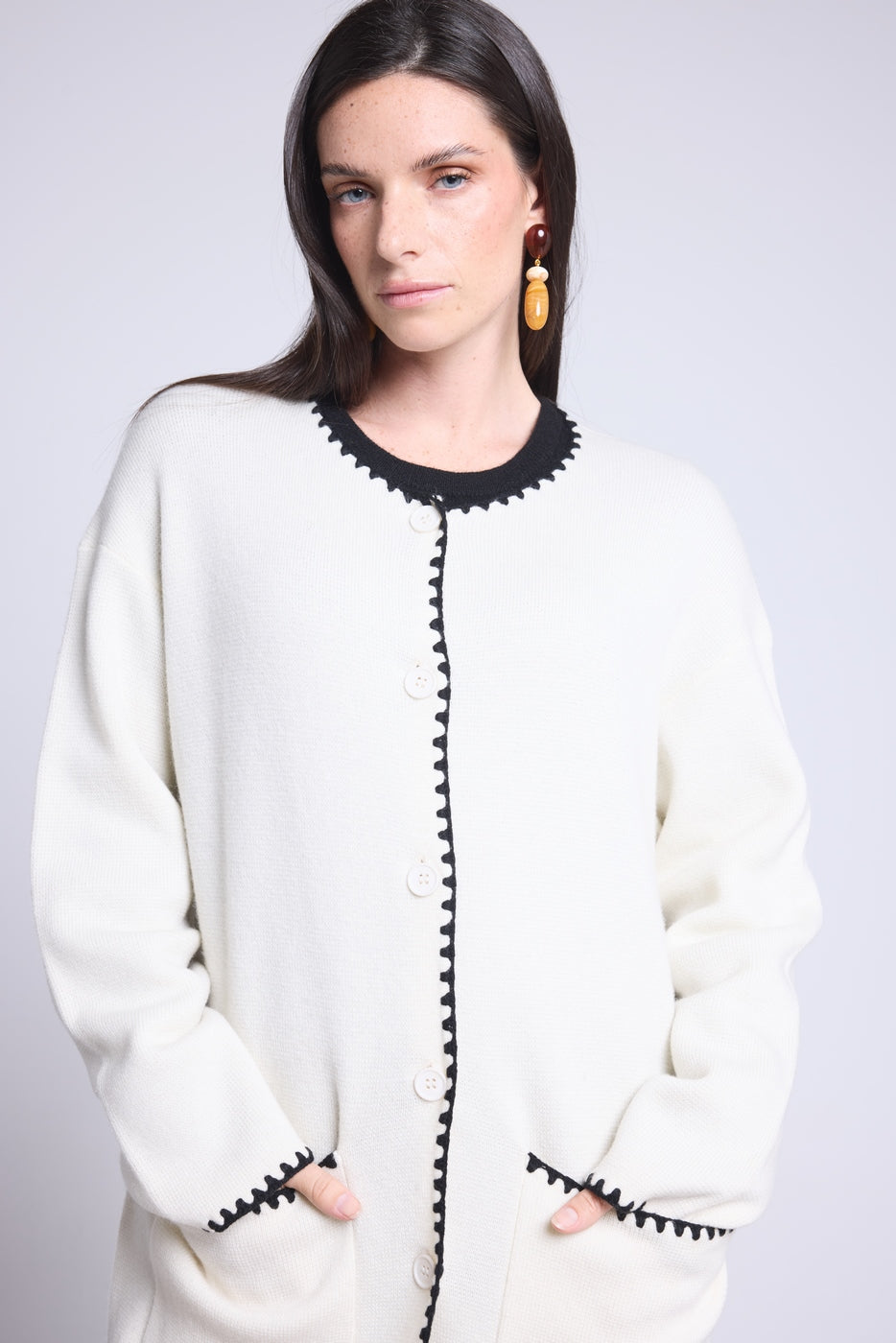 Chaqueta recta bordada Onice - Blanco negro - Mujer