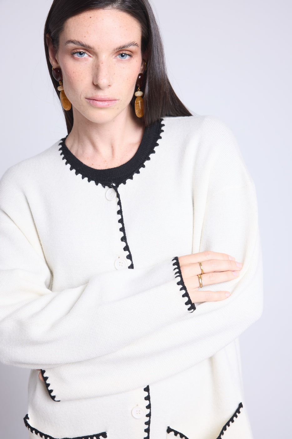 Chaqueta recta bordada Onice - Blanco negro - Mujer