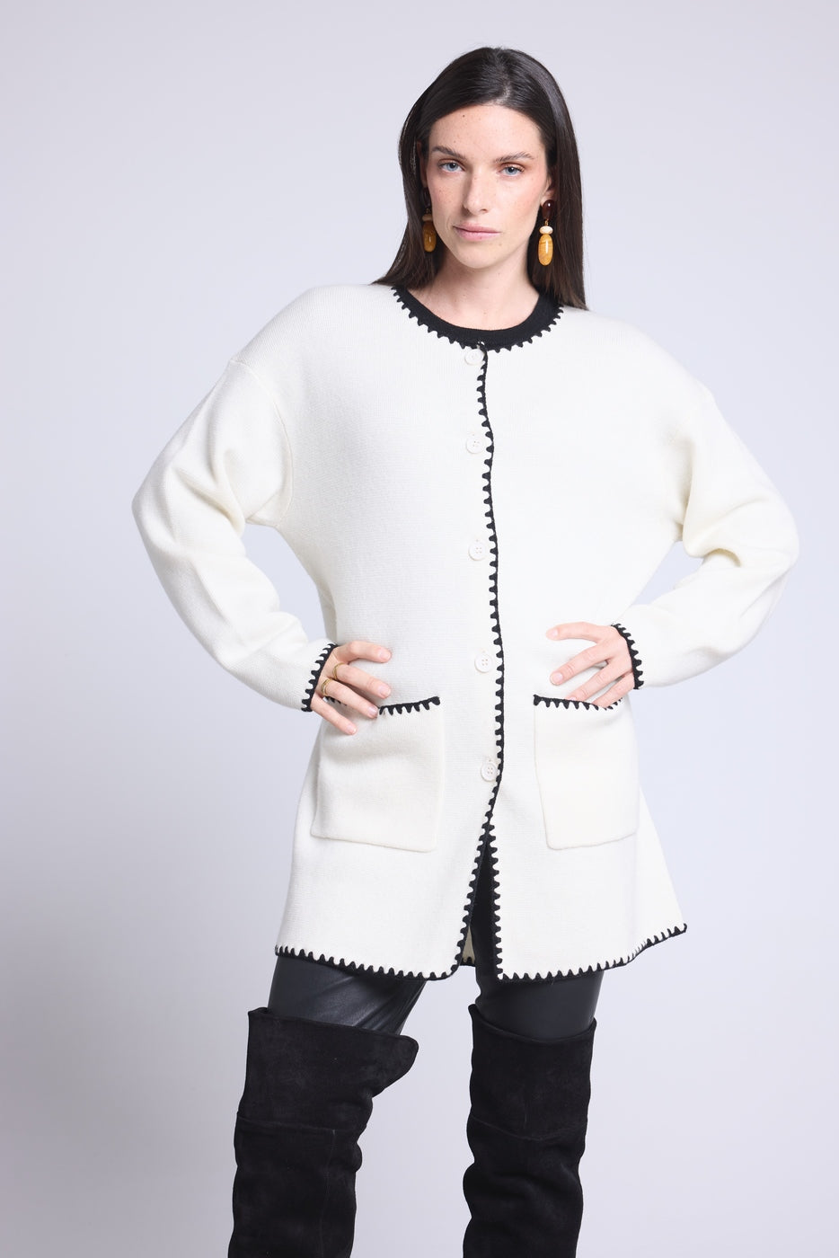 Chaqueta recta bordada Onice - Blanco negro - Mujer