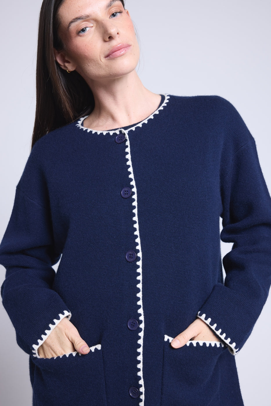Chaqueta recta bordada Onice - Azul marino y blanco - Mujer