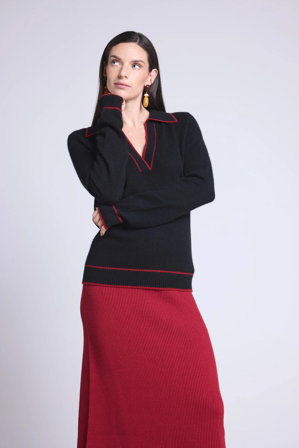 Jersey Opale de cuello polo - Negro y rojo - Mujer