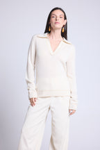 Pull Col Polo Opale - Blanc Et Dore - Femme