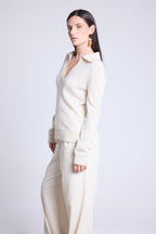 Pull Col Polo Opale - Blanc Et Dore - Femme
