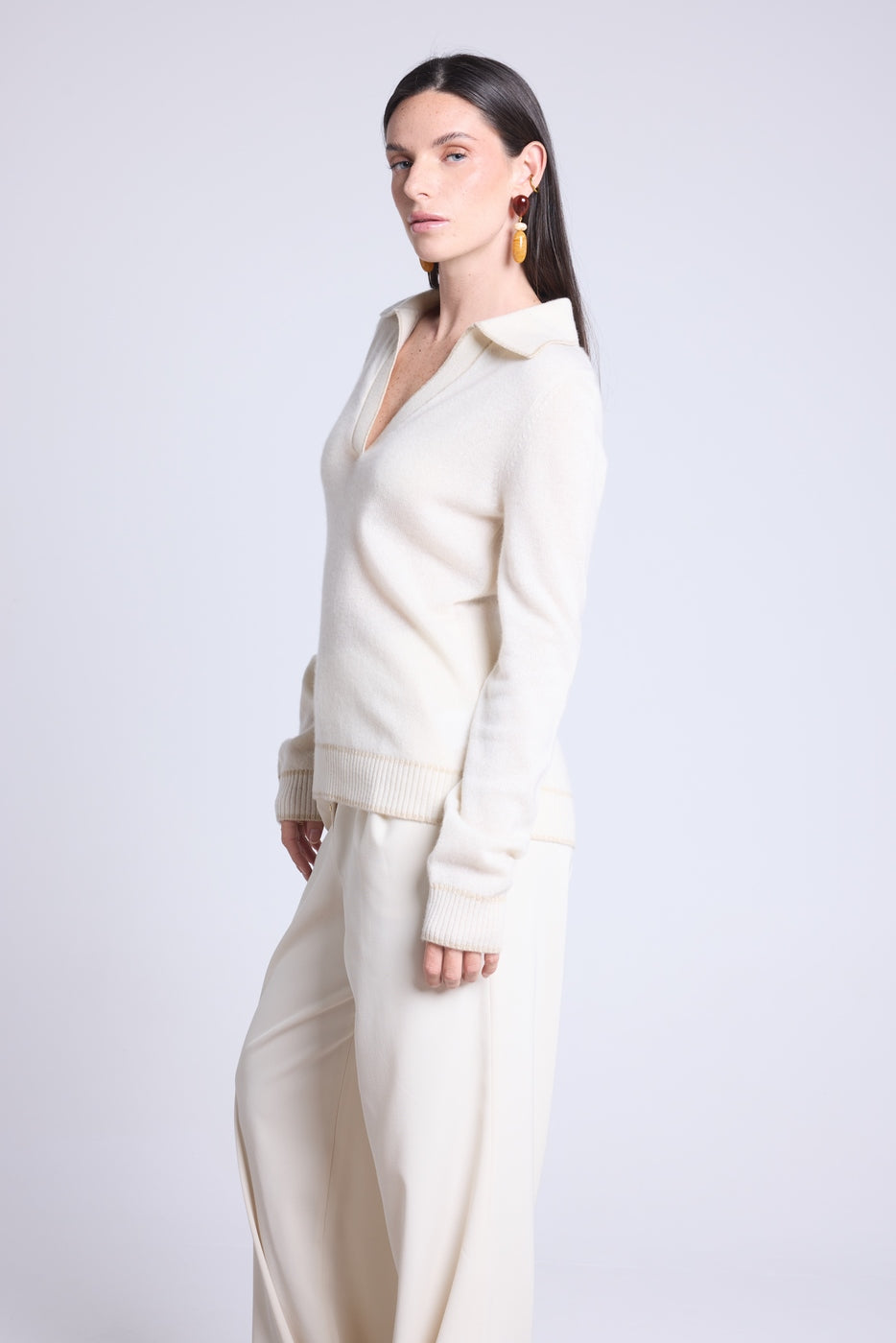 Pull Col Polo Opale - Blanc Et Dore - Femme