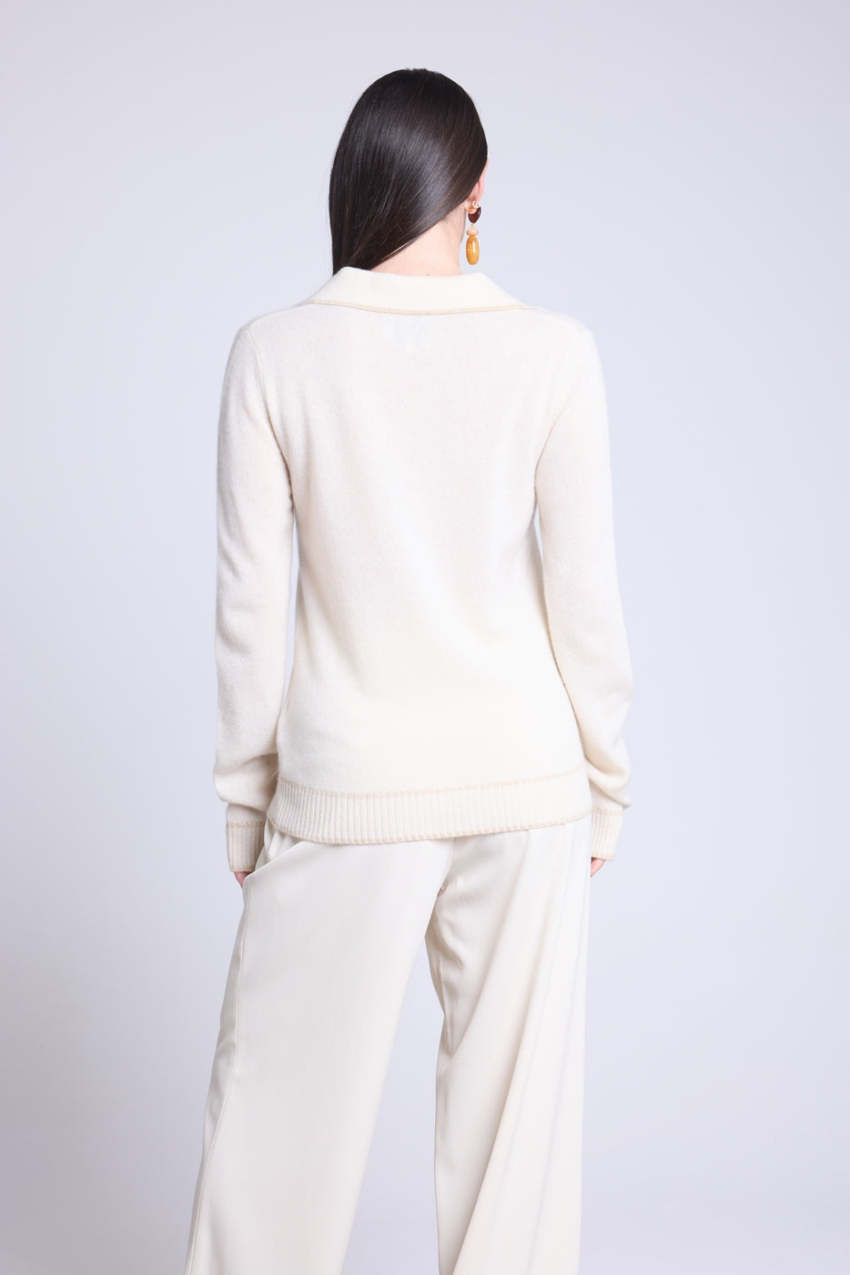 Pull Col Polo Opale - Blanc Et Dore - Femme