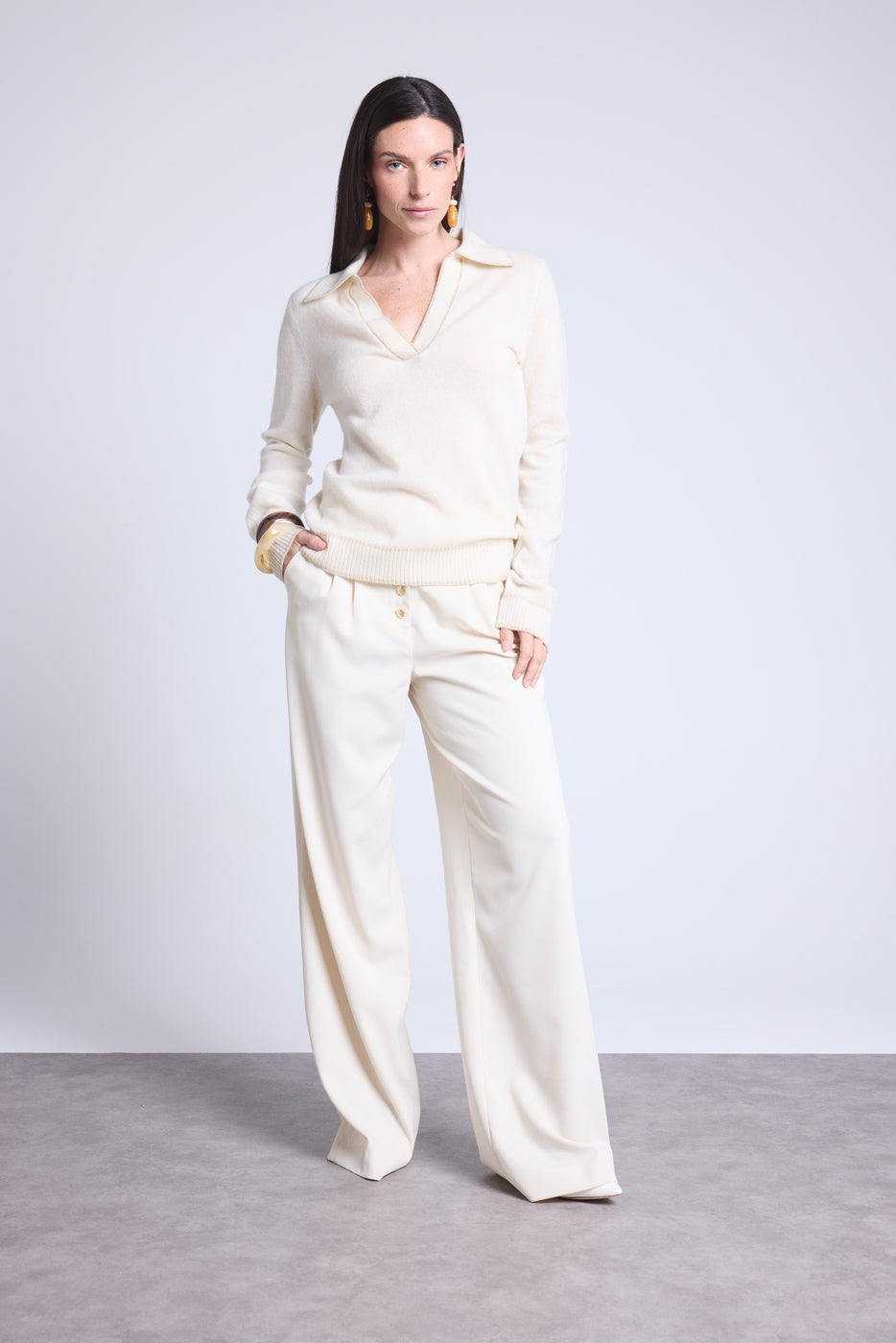 Pull Col Polo Opale - Blanc Et Dore - Femme