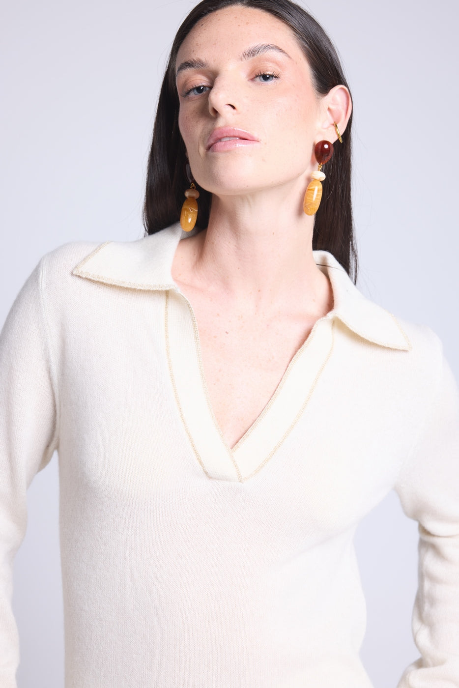 Pull Col Polo Opale - Blanc Et Dore - Femme
