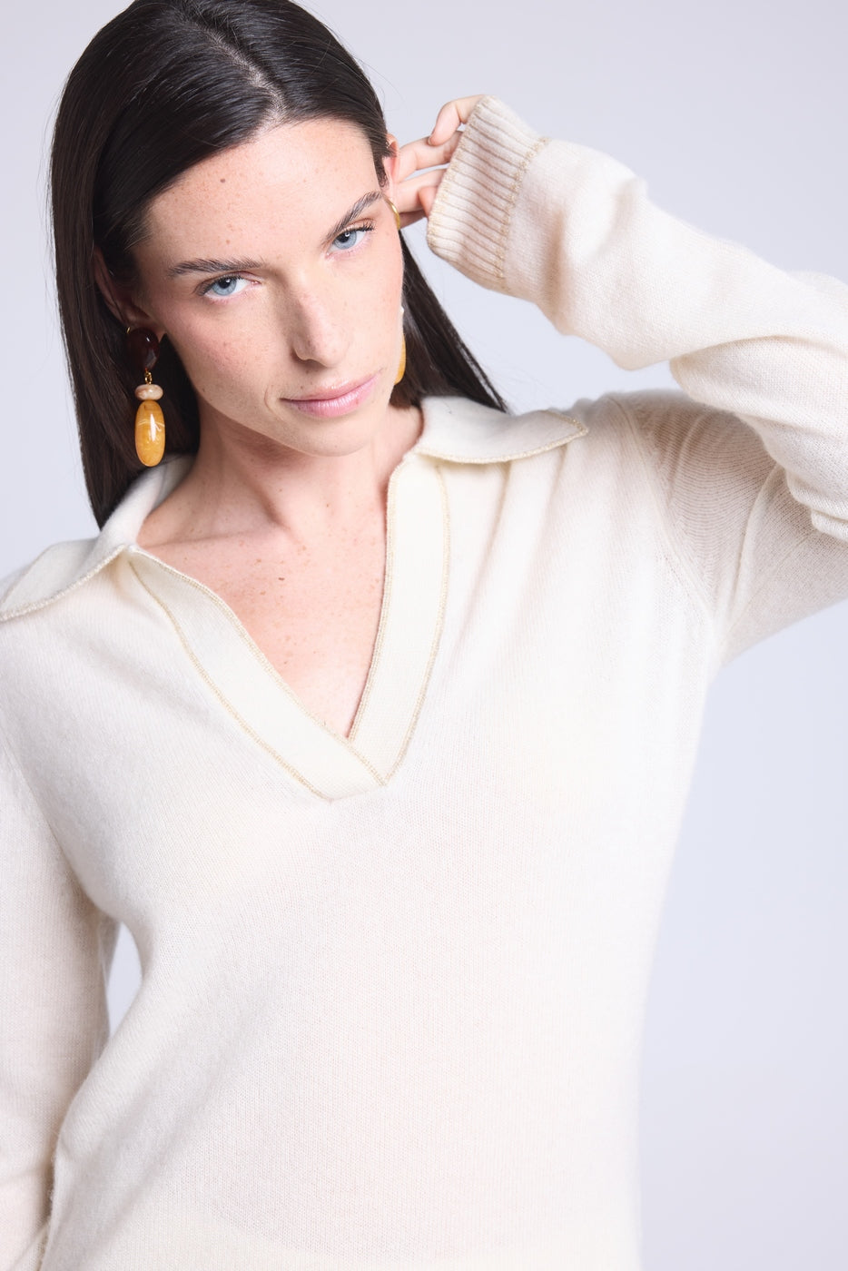 Pull Col Polo Opale - Blanc Et Dore - Femme