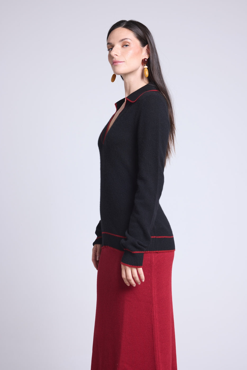 Jersey Opale de cuello polo - Negro y rojo - Mujer