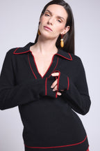 Jersey Opale de cuello polo - Negro y rojo - Mujer