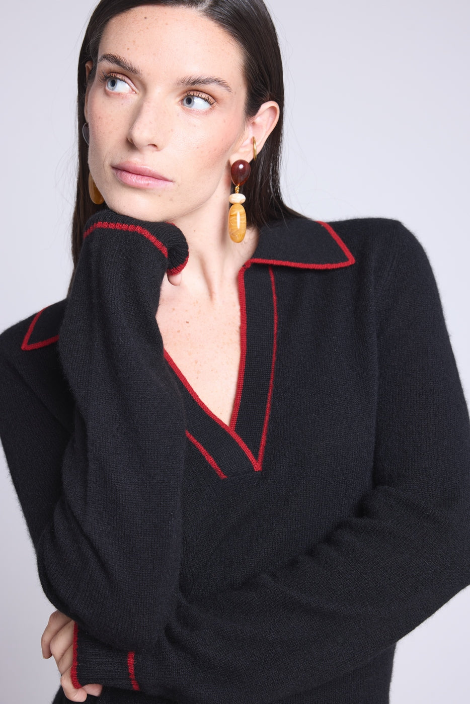 Jersey Opale de cuello polo - Negro y rojo - Mujer