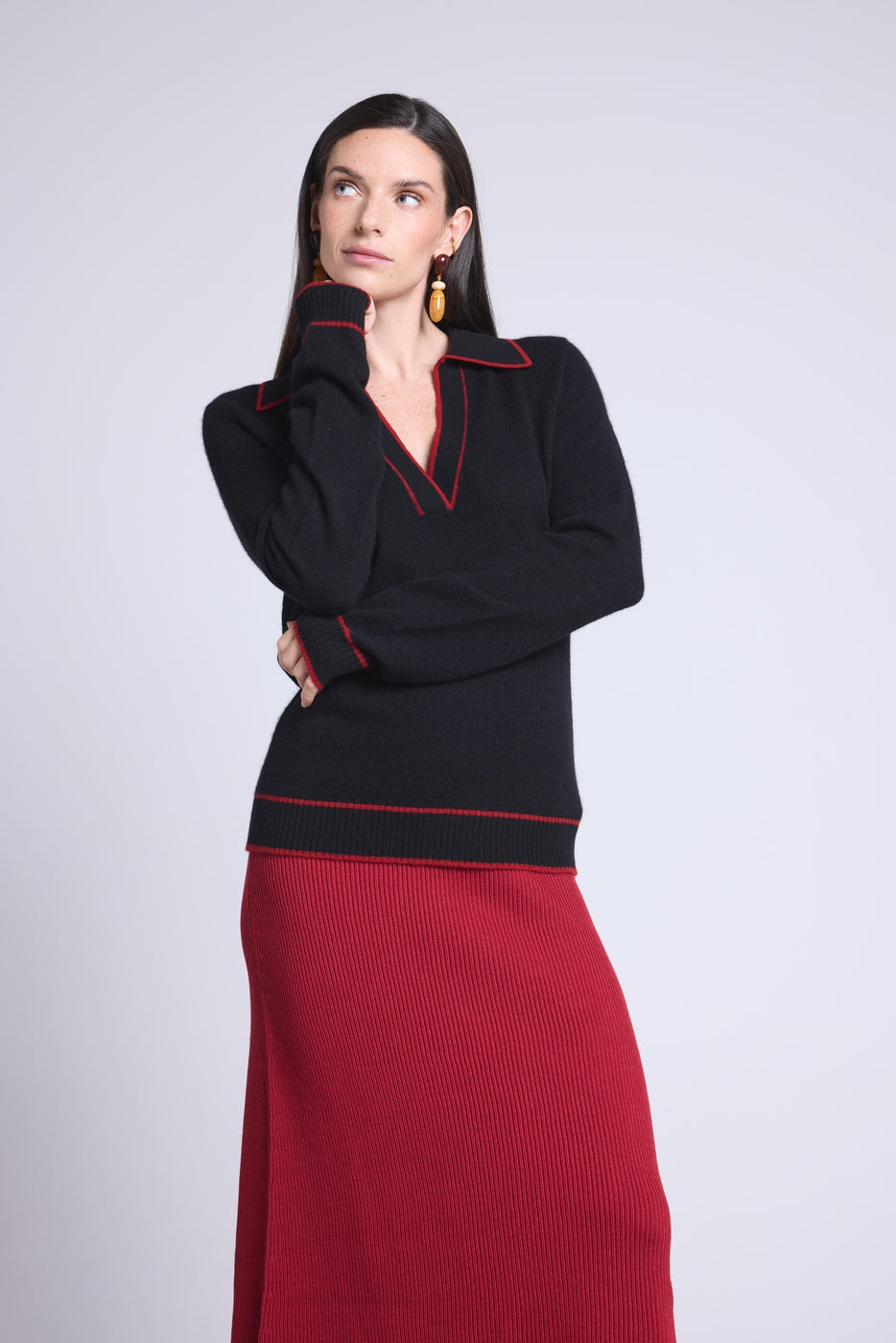 Jersey Opale de cuello polo - Negro y rojo - Mujer