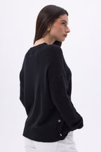 Pull Col Rond À Boutons Latéraux Dorés Ora - Noir - Femme