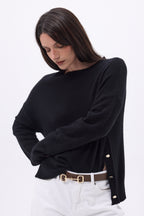 Pull Col Rond À Boutons Latéraux Dorés Ora - Noir - Femme