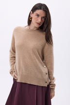 Pull Col Rond À Boutons Latéraux Dorés Ora - Beige Creme - Femme