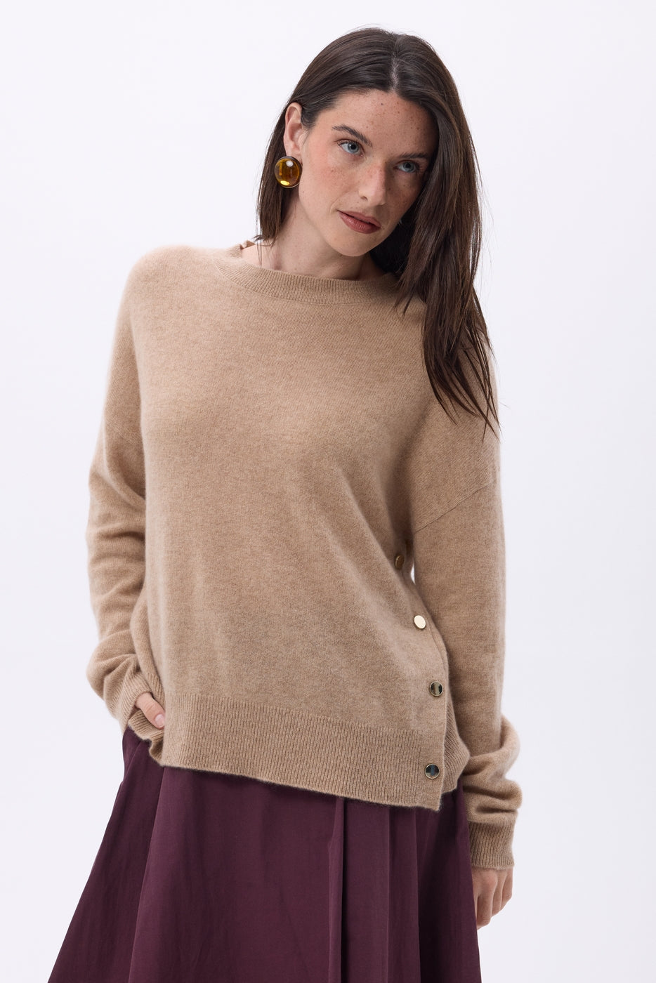 Pull Col Rond À Boutons Latéraux Dorés Ora - Beige Creme - Femme
