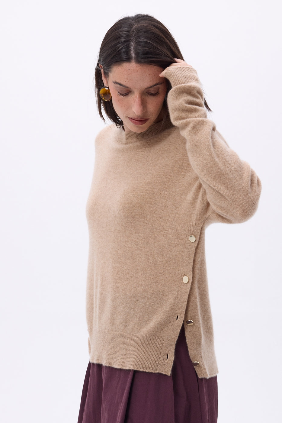 Pull Col Rond À Boutons Latéraux Dorés Ora - Beige Creme - Femme