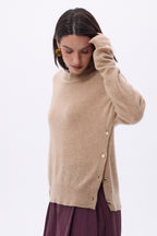 Pull Col Rond À Boutons Latéraux Dorés Ora - Beige Creme - Femme