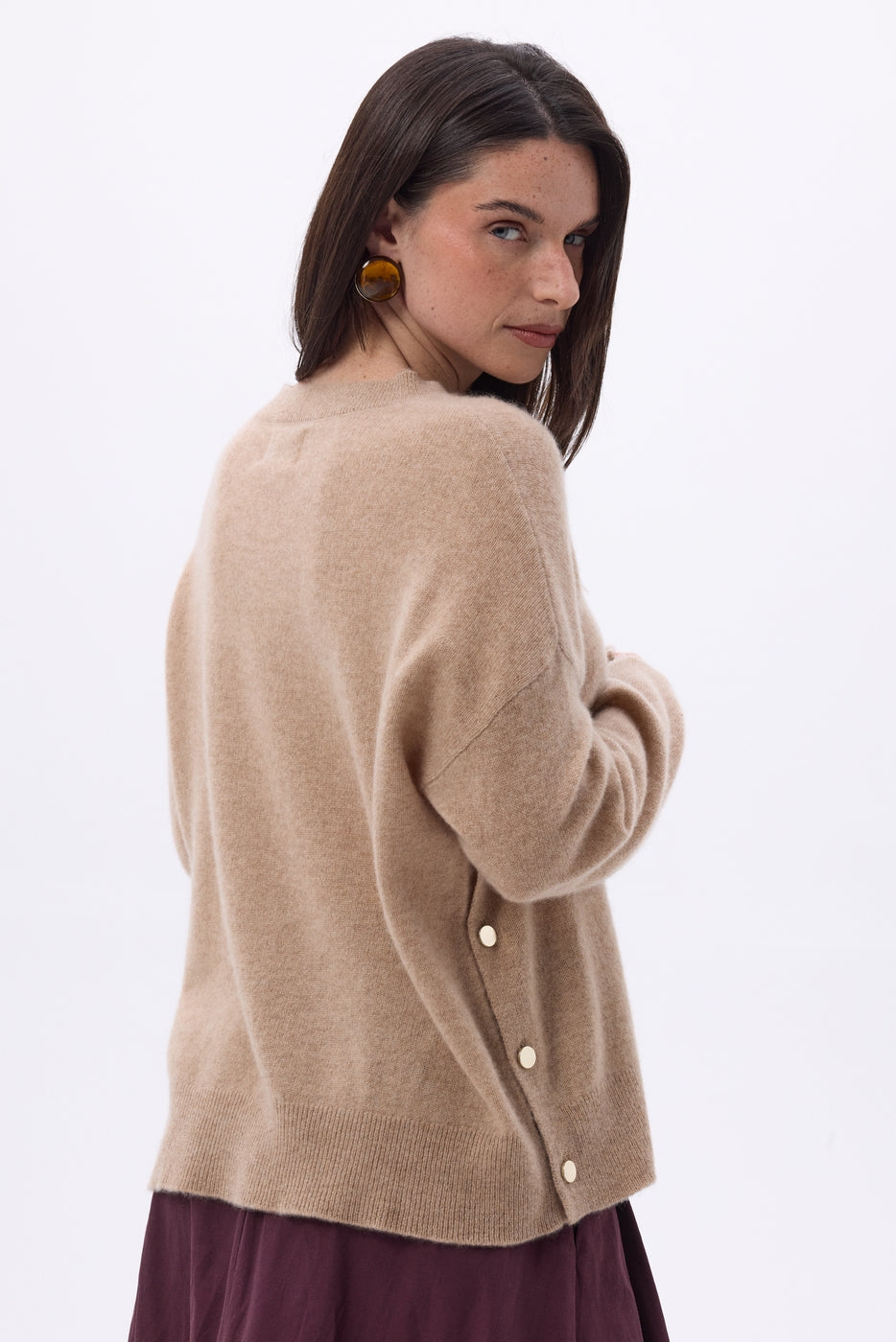 Pull Col Rond À Boutons Latéraux Dorés Ora - Beige Creme - Femme